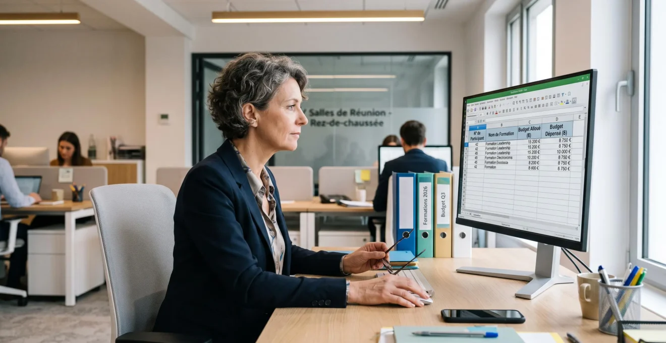 Gestionnaire de formation travaillant sur ordinateur avec des tableaux de données de formation, dans un bureau RH contemporain