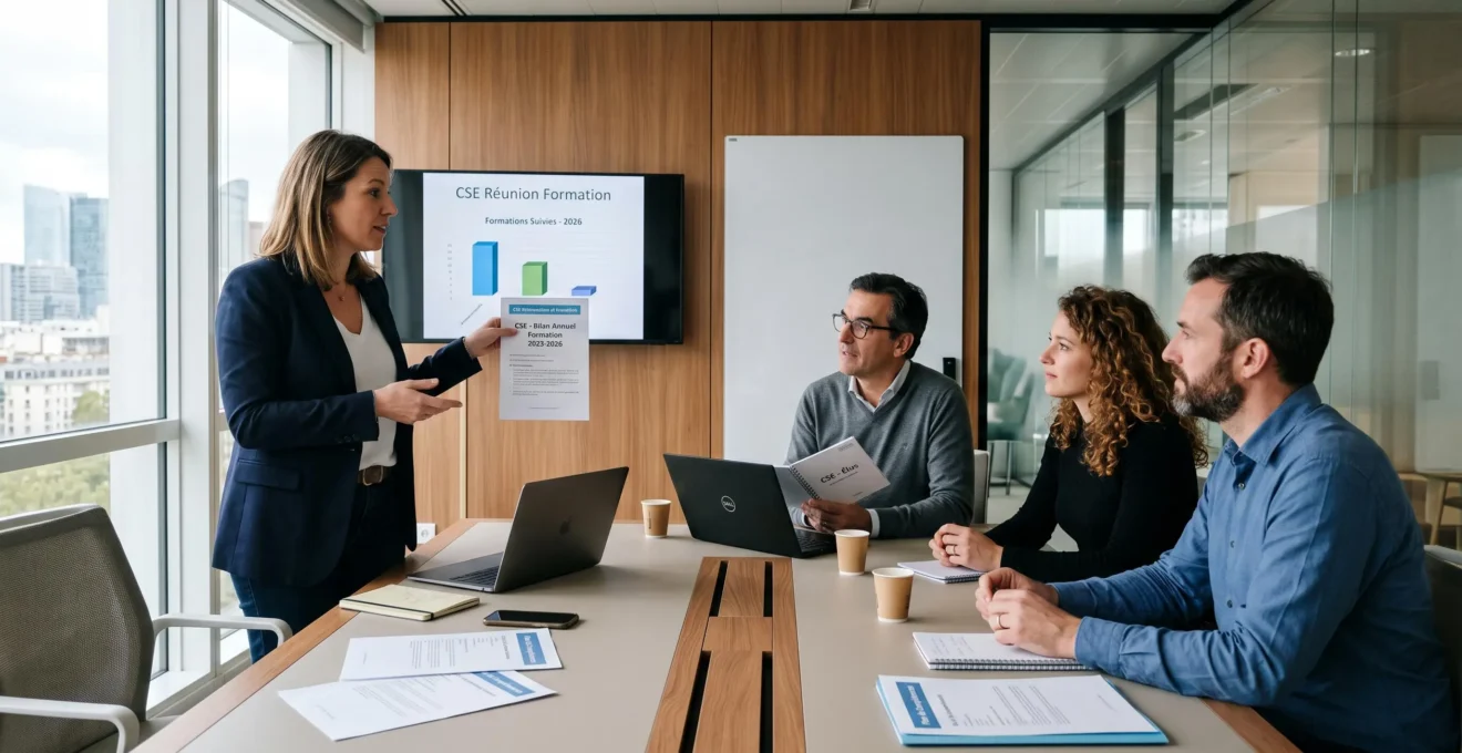 Réunion de consultation du CSE sur la formation professionnelle, responsable RH présentant le bilan formation annuel à des élus du personnel dans une salle de réunion d'entreprise contemporaine