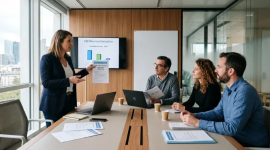 Réunion de consultation du CSE sur la formation professionnelle, responsable RH présentant le bilan formation annuel à des élus du personnel dans une salle de réunion d'entreprise contemporaine