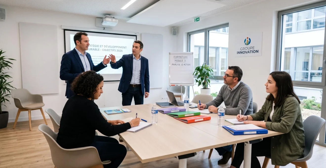 Session de formation professionnelle en cours dans une salle de formation d'entreprise, formateur présentant à un groupe de salariés